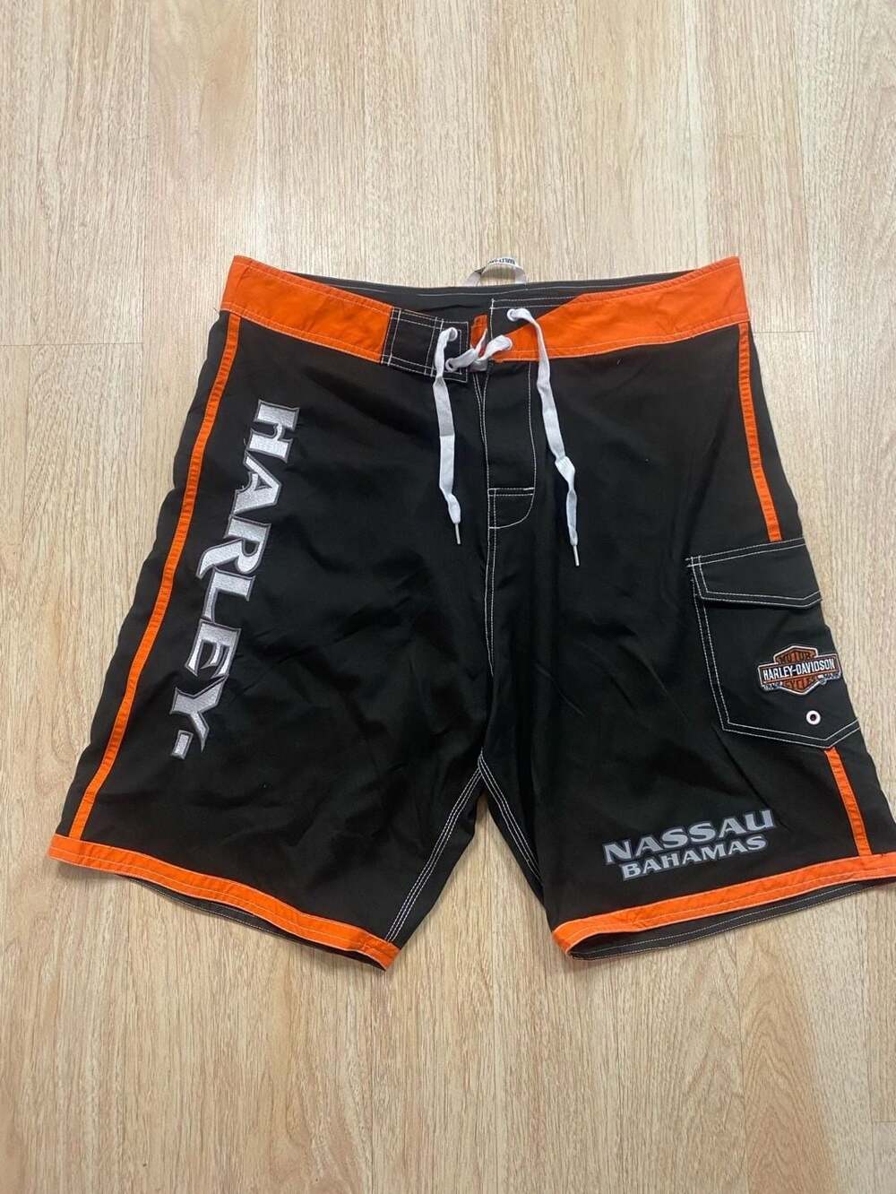 Harley-Davidson Nassau Bahamas Boardshorts Swim Trunks Men Size 36 Black Orange